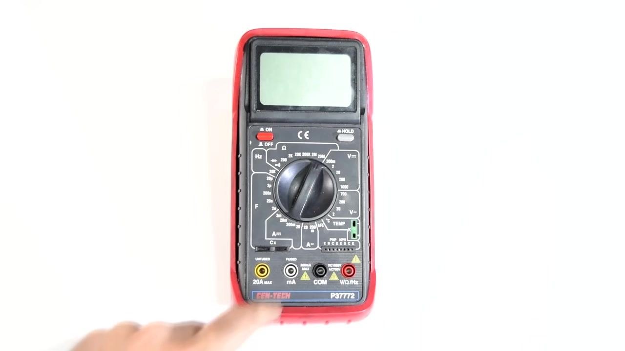 A digital multimeter (CEN-TECH P37772) shown on a white background, with the dial centered and all input ports and labels clearly visible.