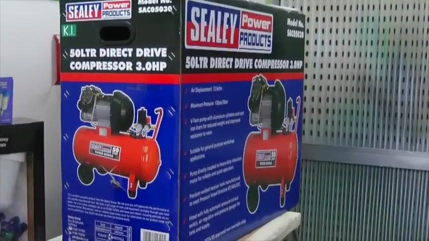 Box of the Sealey Power Products 50L Direct Drive Compressor 3.0HP showing the product image and specifications