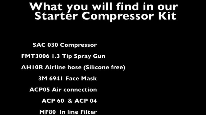List of all items included in the starter compressor kit: compressor, spray gun, airline hose, face mask, air connection, air couplings, and inline filter