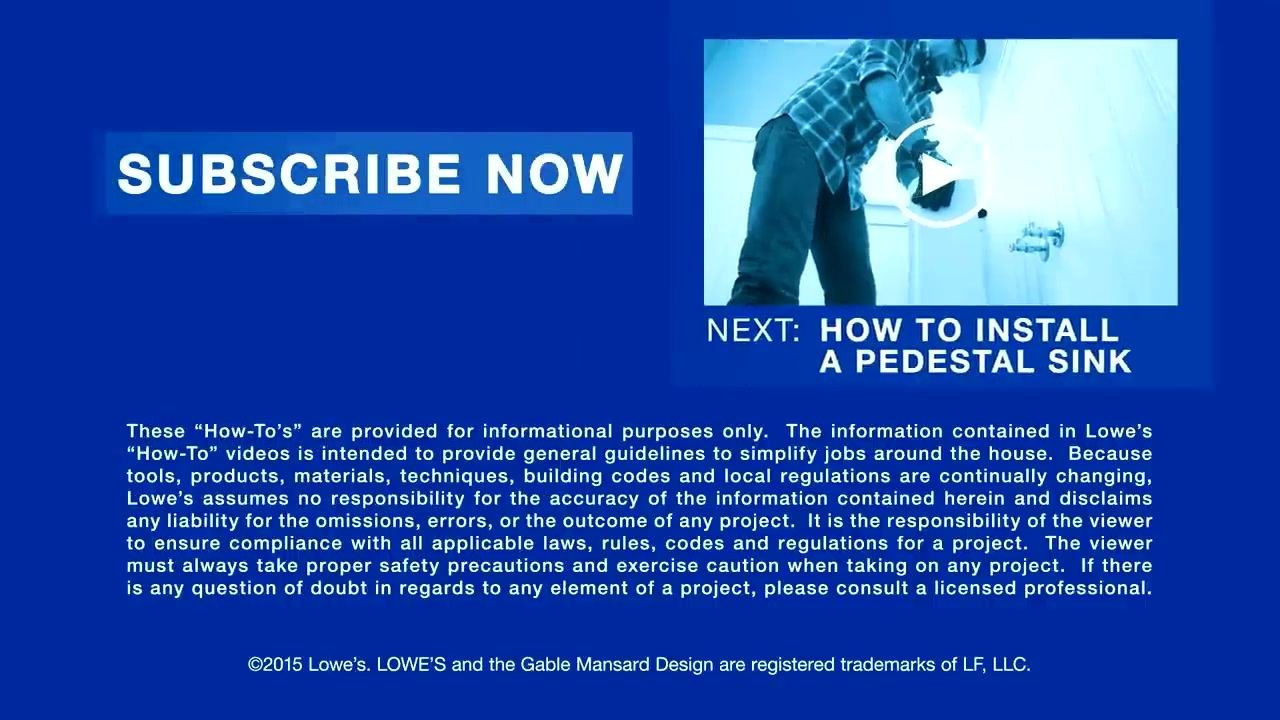 A blue screen with a "SUBSCRIBE NOW" button, a preview image of a person installing a pedestal sink, and the text "NEXT: HOW TO INSTALL A PEDESTAL SINK." Informational disclaimer and copyright notice at the bottom.