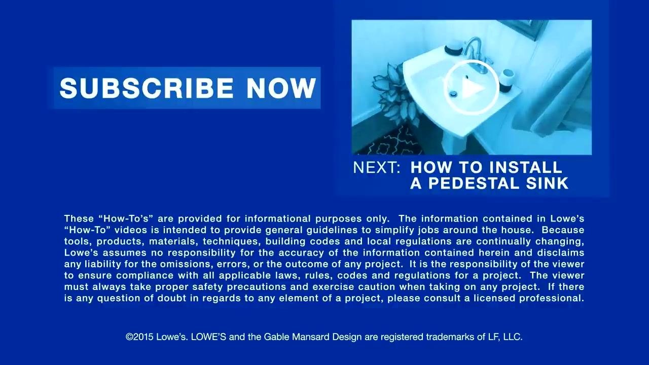 A blue screen with a "SUBSCRIBE NOW" button, a preview image of a completed pedestal sink in a bathroom, and the text "NEXT: HOW TO INSTALL A PEDESTAL SINK." Informational disclaimer and copyright notice at the bottom.
