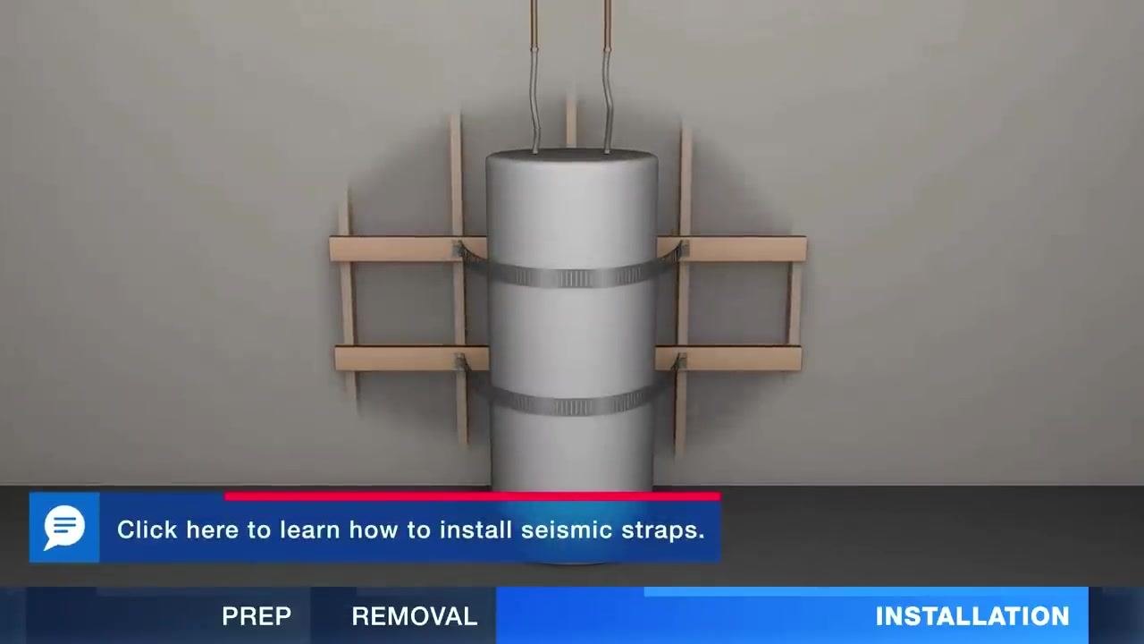 A water heater tank secured to a wall with two seismic straps and wooden backing for support.