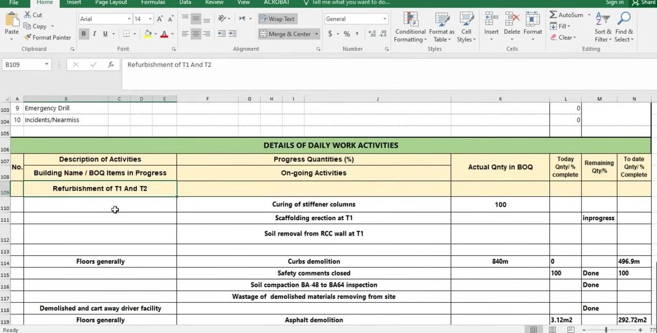 Excel sheet showing "Description of Activities" and "Building Name / BOQ Items in Progress" with the example entry "Refurbishment of T1 And T2"