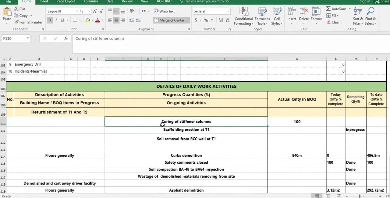 Excel sheet listing specific ongoing activities under "Refurbishment of T1 And T2"