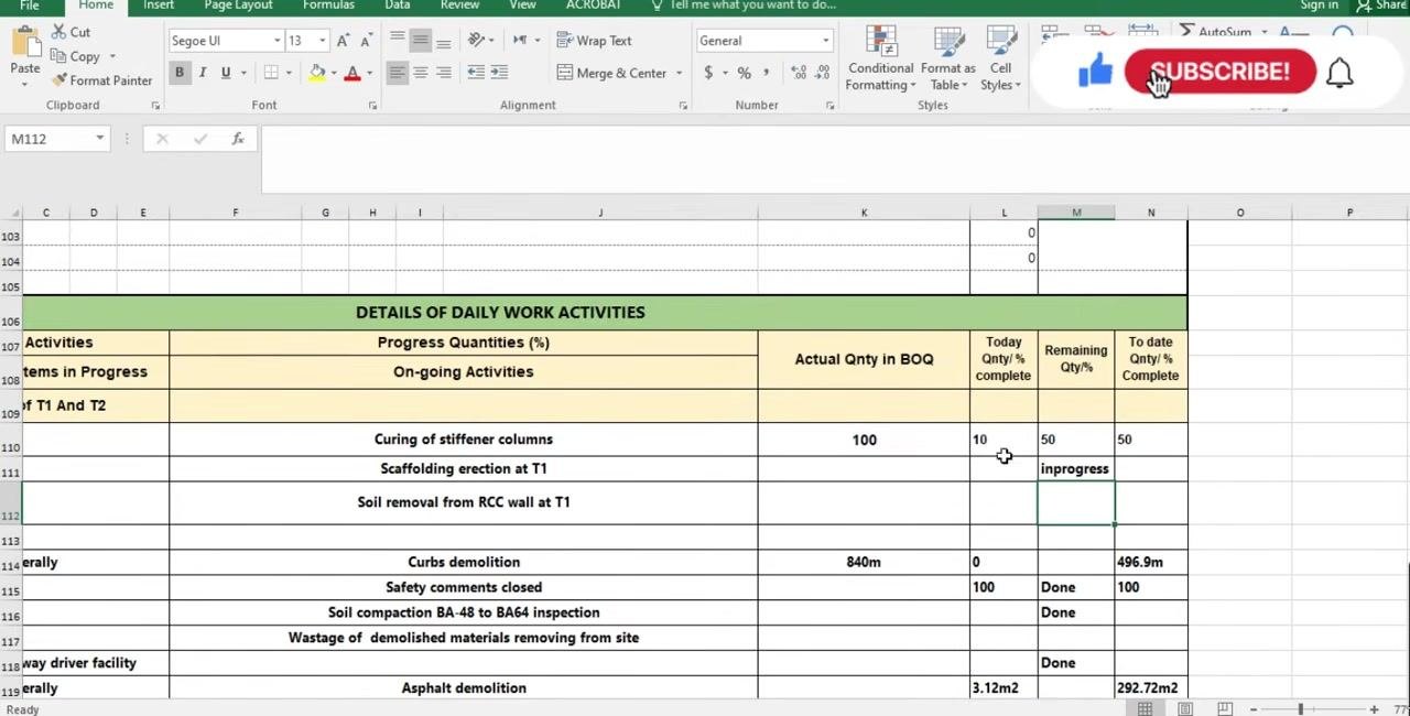 Excel sheet with the columns filled in for "Curing of stiffener columns": Actual Qnty in BOQ = 100, Today Qnty = 10, Remaining Qty = 50, To date Qnty = 50
