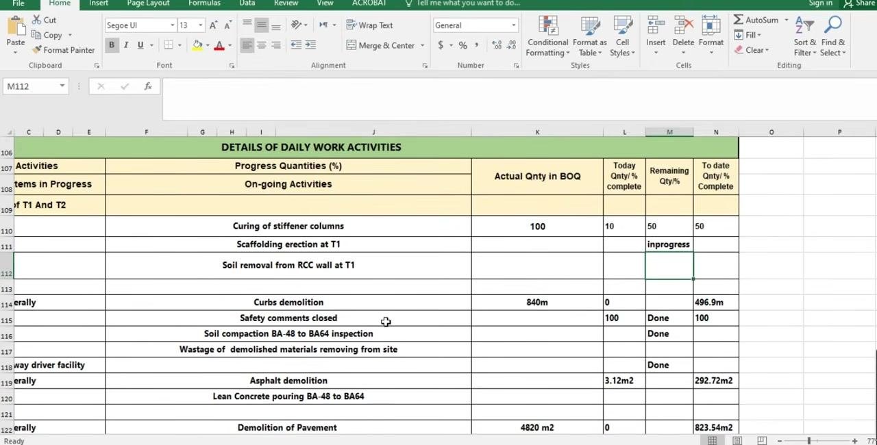 Excel sheet showing the remaining-quantity calculation: Actual Qnty in BOQ = 100, To date Qnty = 50, Remaining Qty = 50