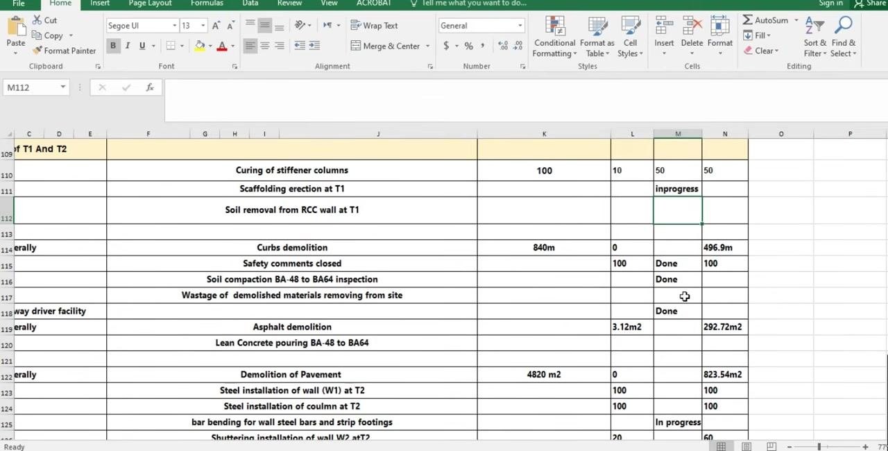 Excel sheet showing an "In progress" status entered for a non-BOQ activity