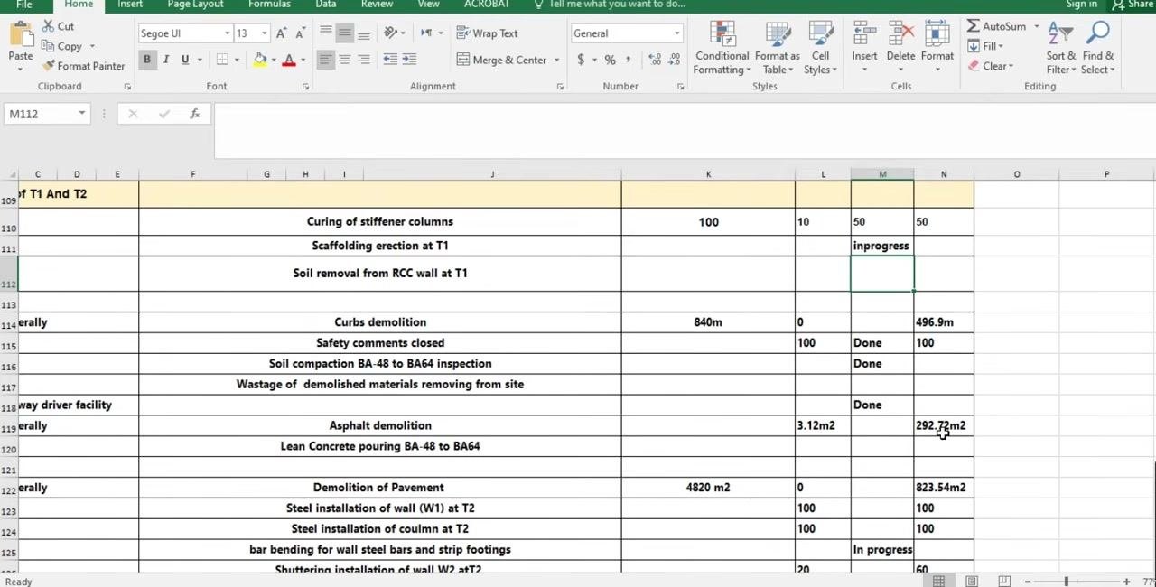 Excel sheet showing demolition activities with quantities entered and a "Done" status