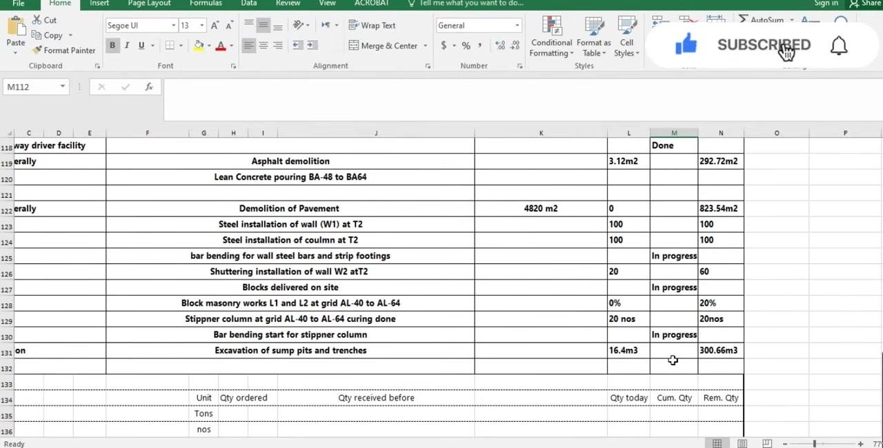 Excel sheet showing daily and cumulative excavation quantities entered