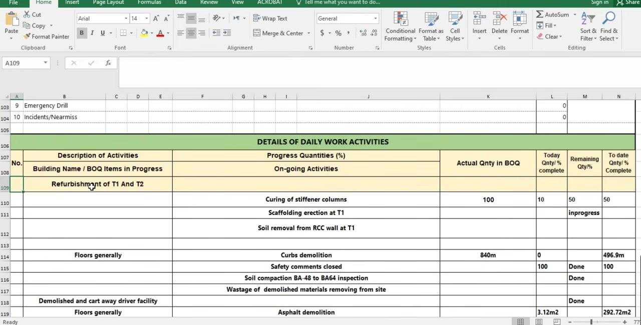 Excel sheet showing "Refurbishment of T1 And T2" entered as the building name/BOQ item in progress
