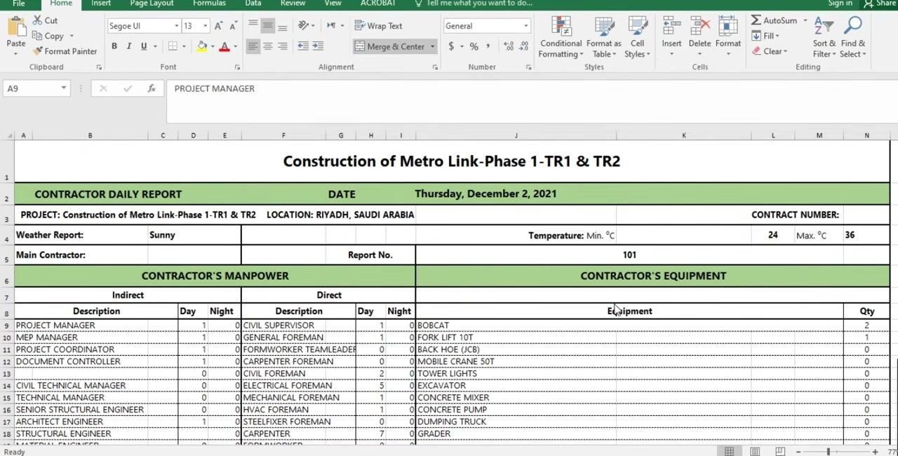 Excel daily progress report template showing the header fields for project name, date, location, weather, temperature, contractor, and report number, plus the manpower and equipment sections below