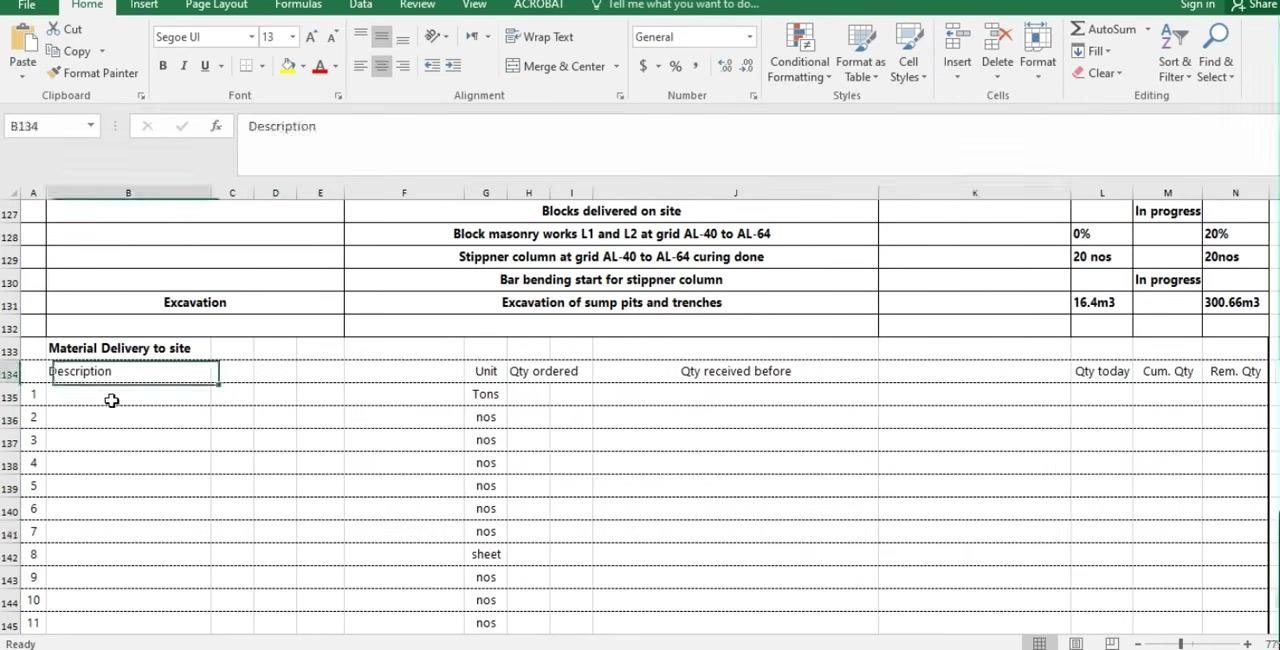Excel sheet with the "Material Delivery to site" section open and ready to be completed using store department records