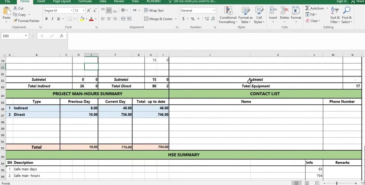Excel sheet showing the Details of Daily Work Activities section, with example entries for refurbishment, curing, scaffolding, and soil removal activities.