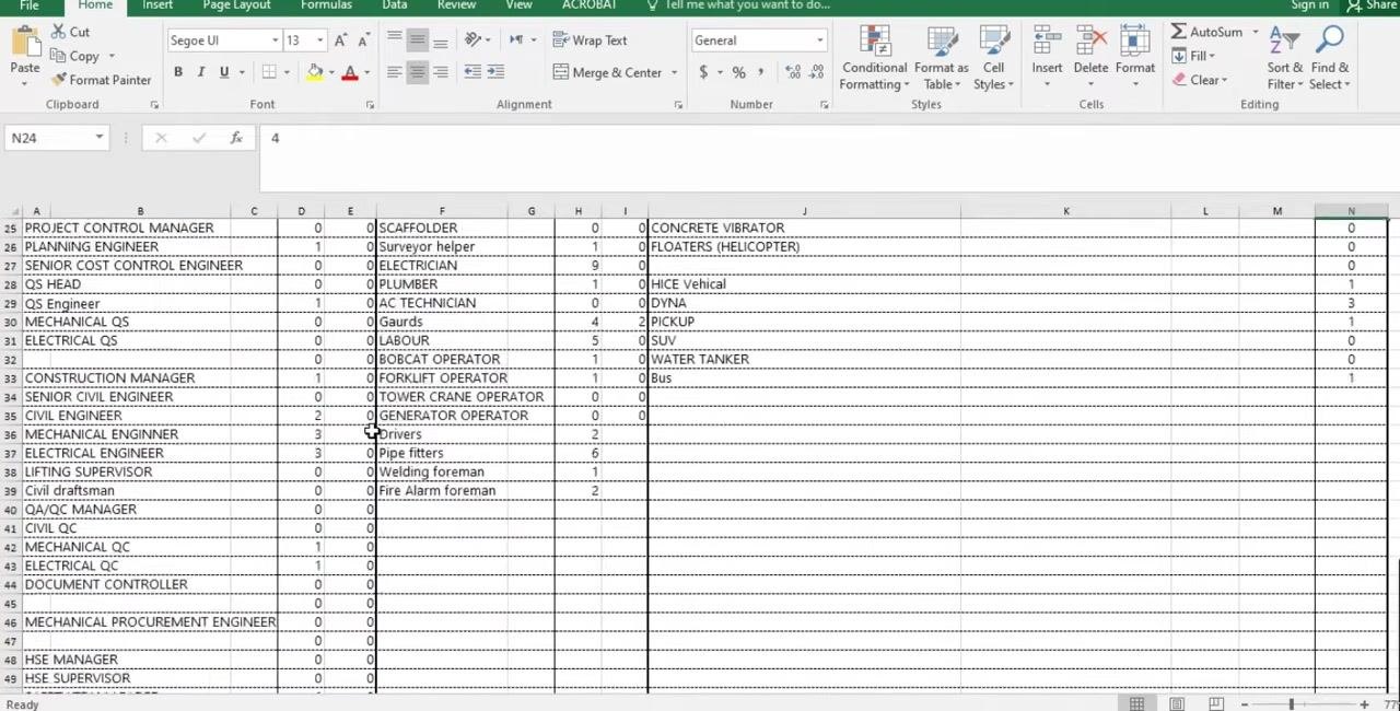 Excel sheet transitioning from the main contractor's manpower and equipment totals into the subcontractor's manpower and equipment sections, with subtotals and open fields ready for entry
