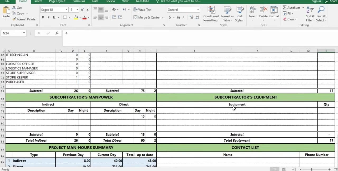 Excel sheet showing the automatically calculated Project Man-Hours Summary next to the Contact List section