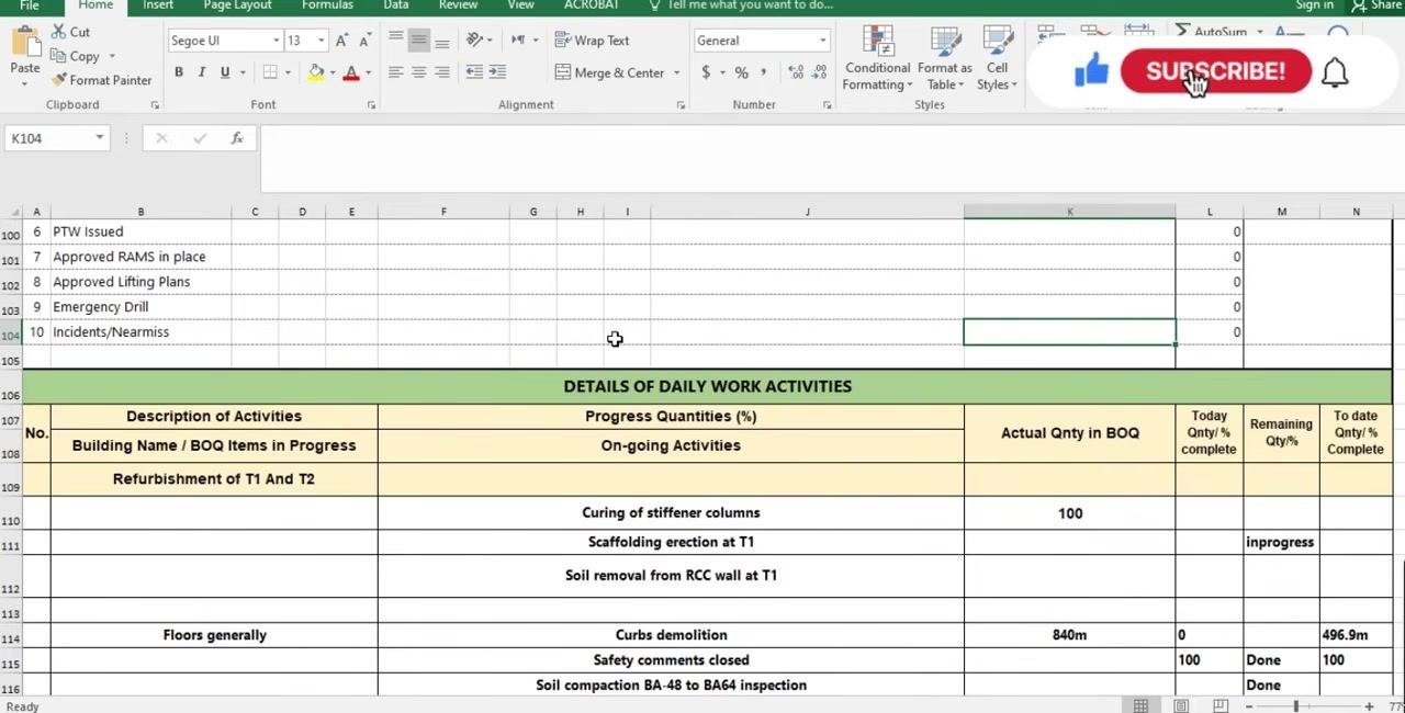 Excel sheet showing the Details of Daily Work Activities section, with example entries for refurbishment, curing, scaffolding, soil removal, curbs demolition, safety comments, and soil compaction