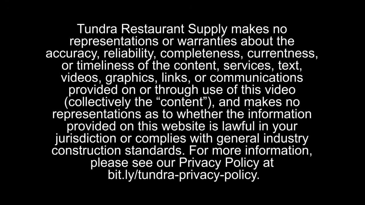 A chef in a white coat stands in a commercial kitchen. Overlaid text reads: "For all products shown in this video (and more) visit us at www.etundra.com." The eTundra.com Restaurant Supply logo is visible in the lower right corner.