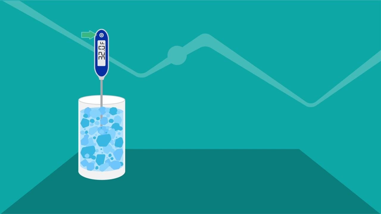 Illustration of a thermometer in an ice bath with a display reading 32.0°F and an arrow pointing to the Cal button