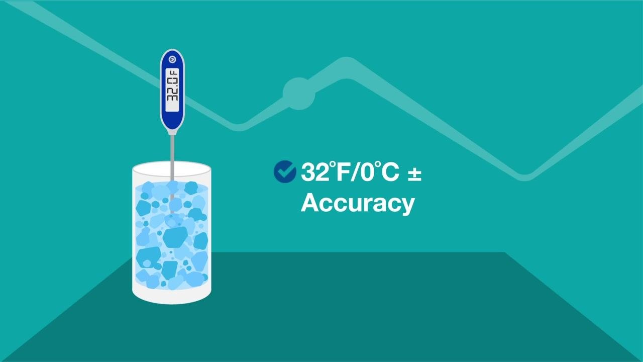 A digital thermometer in an ice bath with the display reading 32.0°F and on-screen text "32°F/0°C ± Accuracy" with a checkmark