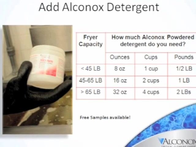 A gloved hand holding a container of Alconox detergent next to a chart showing detergent amounts by fryer capacity. On-screen text reads: "Add Alconox Detergent."
