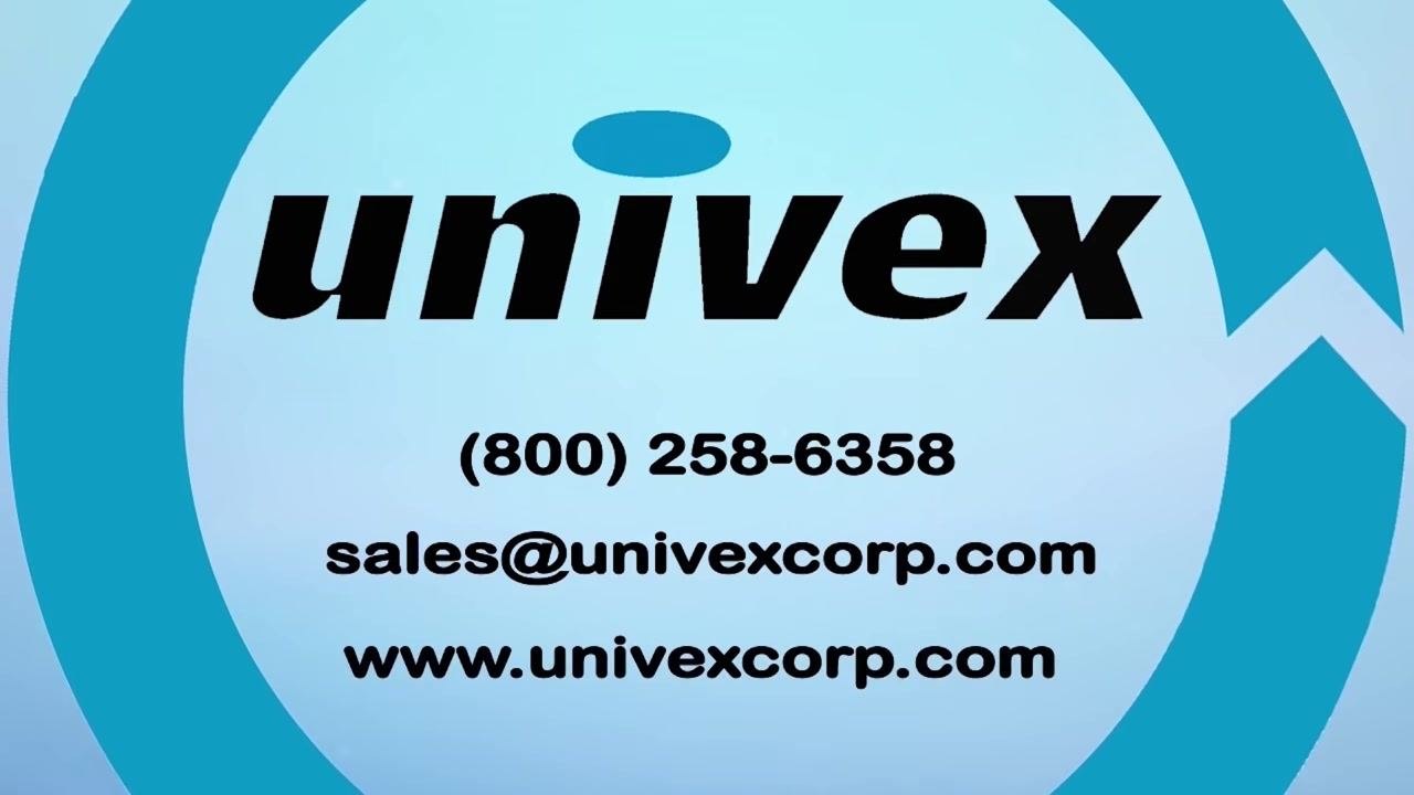 Univex logo displaying contact phone number (800) 258-6358, email sales@univexcorp.com, and website www.univexcorp.com on a blue background.