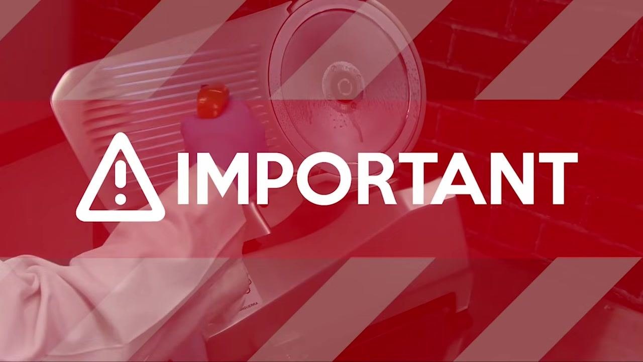 Operator standing near the slicer with a large "IMPORTANT" warning on screen, emphasizing the need to air dry after sanitizing.