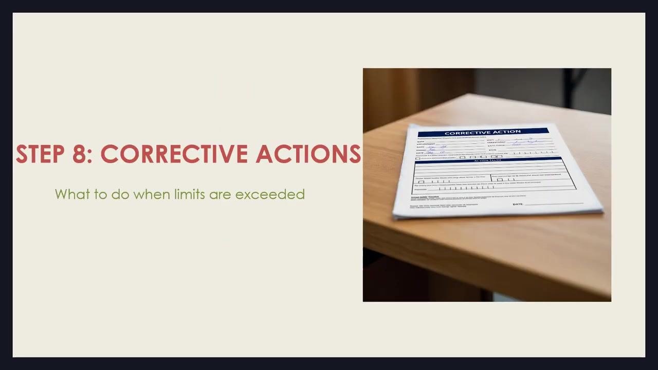 Slide titled "Step 7: Monitoring," reading "How, when, who, how often," beside two workers in a food processing facility reviewing data.