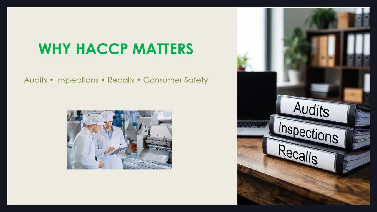 Slide reading "HACCP does not work alone," with icons representing sanitation, a factory, training, and pest control.