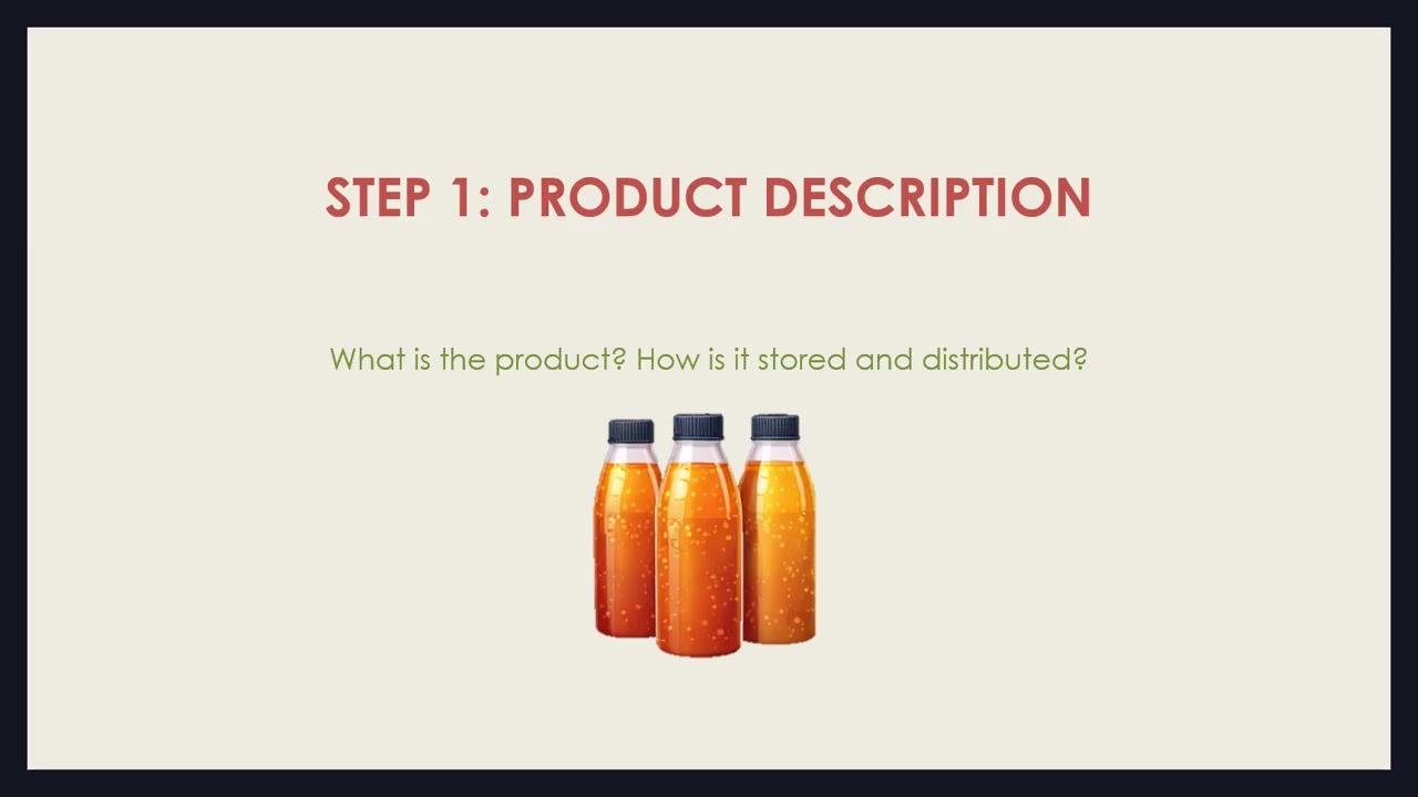 Slide titled "Step 1: Product description," asking "What is the product? How is it stored and distributed?" beside three bottles of juice.