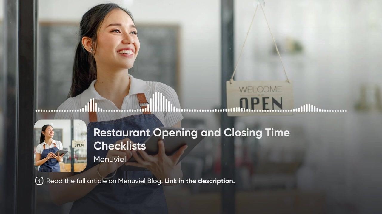 A restaurant worker stands by a glass door with a "Welcome Open" sign, holding a tablet, in a clean and welcoming environment that reflects professionalism, teamwork, and readiness.