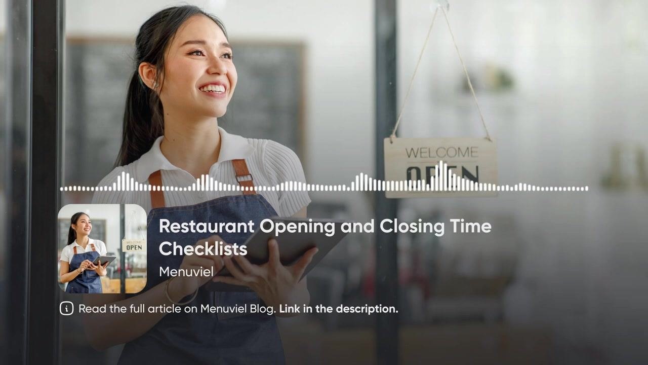 A restaurant worker holds a tablet near the entrance while checking opening tasks, with a "Welcome Open" sign visible.