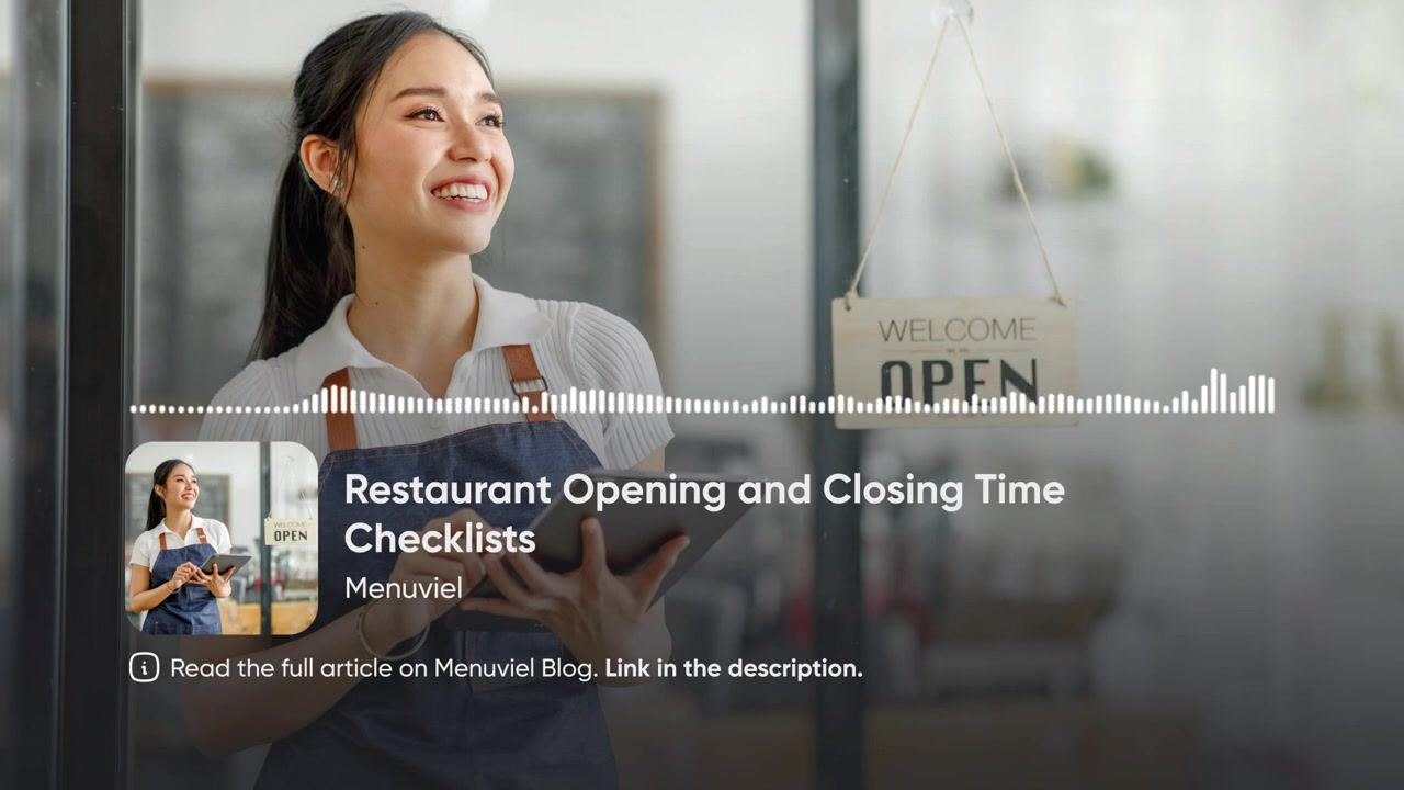 A restaurant worker stands by the entrance holding a tablet, with a "Welcome Open" sign on the door, marking the transition into closing procedures.