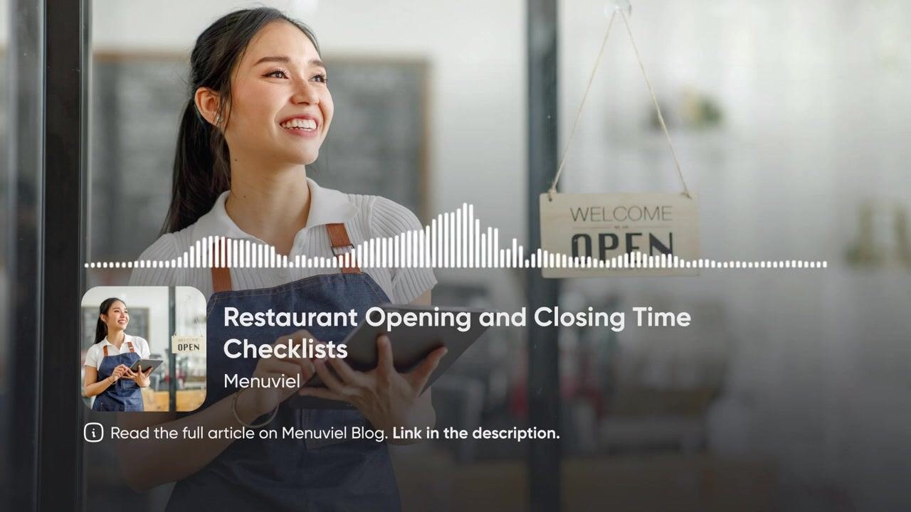 A restaurant worker stands by a glass door with a "Welcome Open" sign, holding a tablet used for digital checklist tracking.