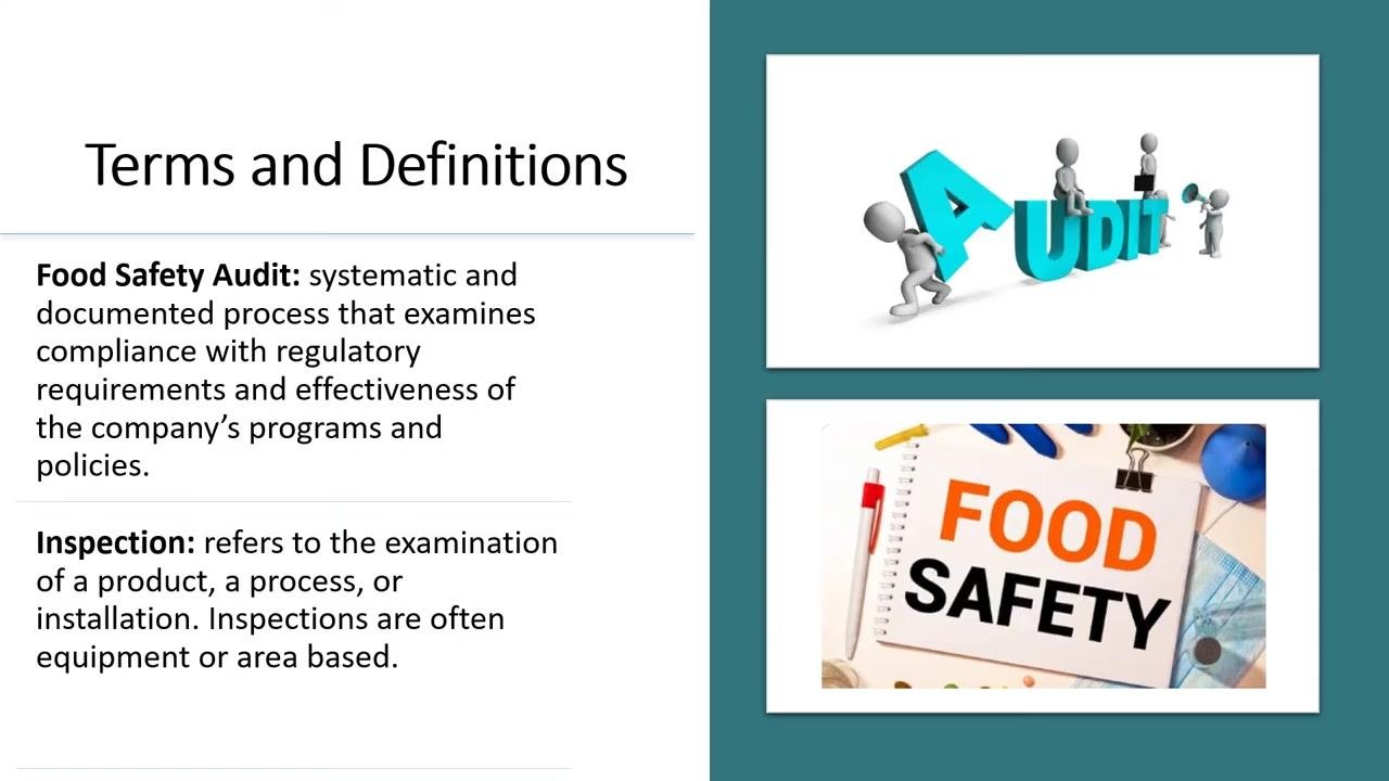 Slide titled "Terms and Definitions" showing definitions for "Food Safety Audit" and "Inspection," with a graphic of figures assembling the word "AUDIT" and a notepad labeled "FOOD SAFETY."