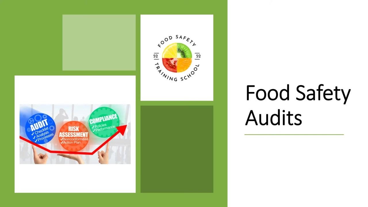 A presentation slide titled "Food Safety Audits" with a logo for "Food Safety Training School" and a graphic showing the audit process: Audit (Checklist, Analysis, Processes), Risk Assessment (Nonconformities, Action Plan), and Compliance (Policies, Performance)
