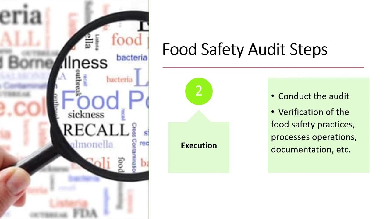 Slide titled "Food Safety Audit Steps" showing Step 2: Execution, with a magnifying glass over the words "Food Poisoning," "Recall," and "Illness."