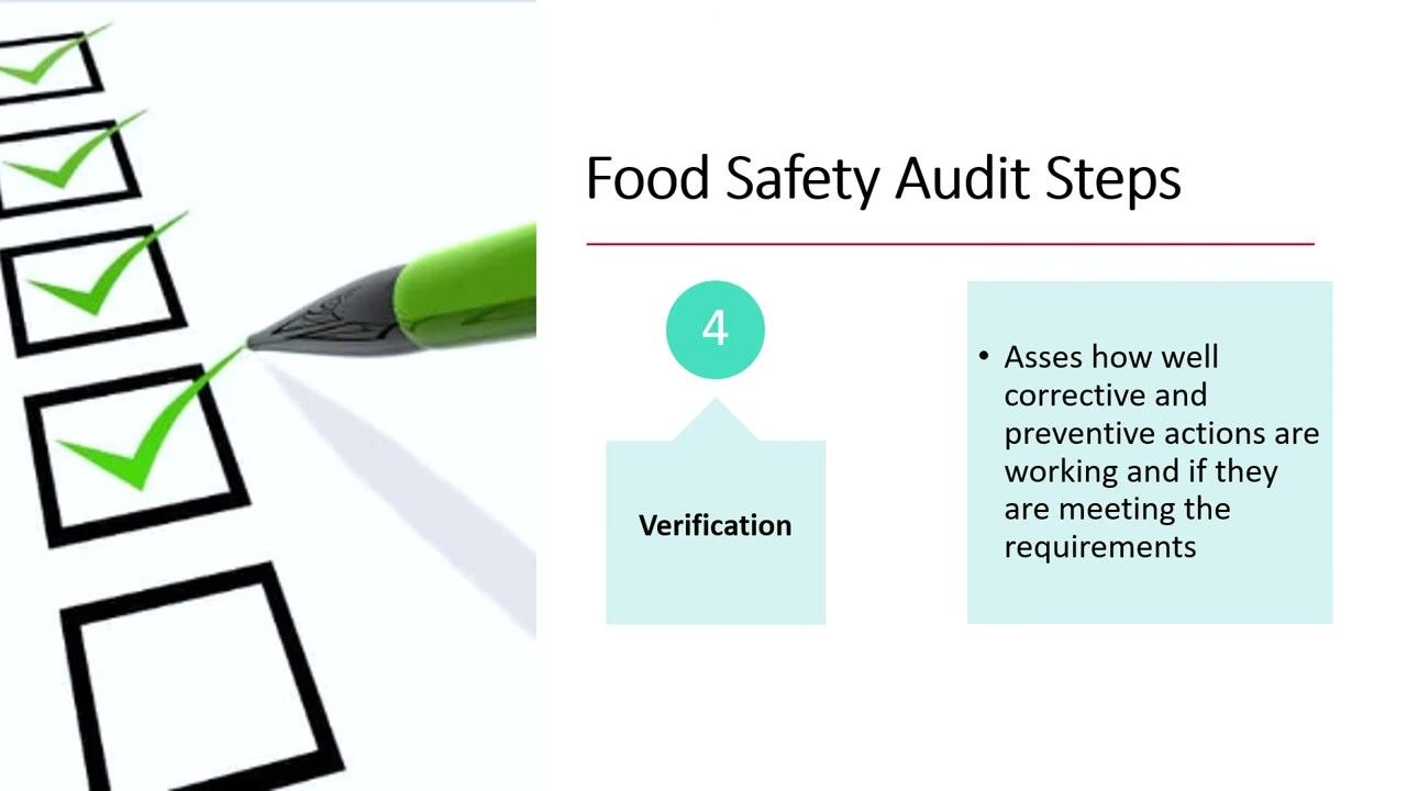 Slide titled "Food Safety Audit Steps" showing Step 4: Verification, with a green pen checking off boxes on a checklist and text describing assessment of corrective and preventive actions.