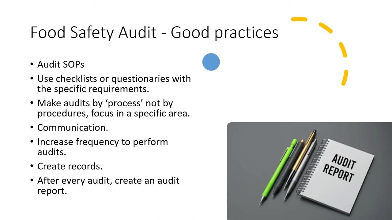 Slide titled "Food Safety Audit Steps" showing Step 5: Audit Evaluation, with upward arrows and text describing confirmation of objectives and improvements.
