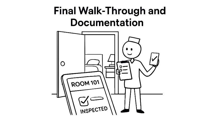 Staff member holding a checklist and phone at the open door of a clean room. The foreground shows a device screen reading "ROOM 101 INSPECTED," under the heading "Final Walk-Through and Documentation."