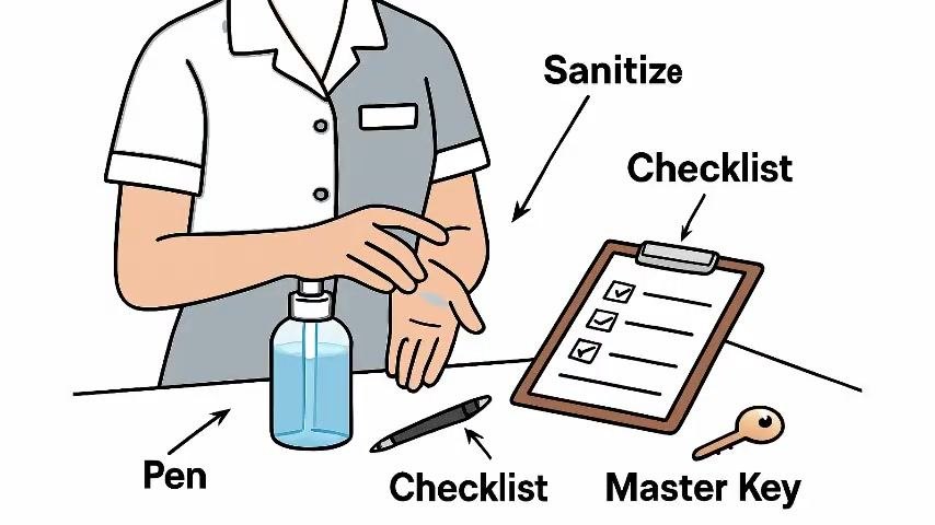 A housekeeper in uniform stands by a door, holding a checklist and master key, with a "ROOM ASSIGNMENT" sheet posted on the wall.