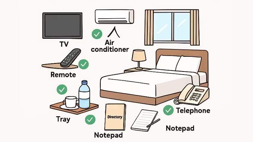 Room illustration showing the TV, remote, air conditioner, tray with water and cup, telephone, notepad, and directory, each marked with a checkmark.