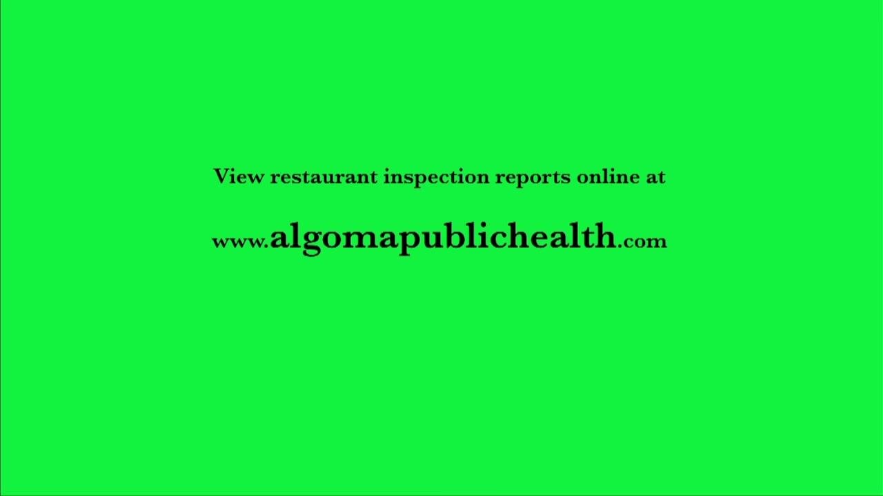 Green screen with black text: "View restaurant inspection reports online at www.algomapublichealth.com"