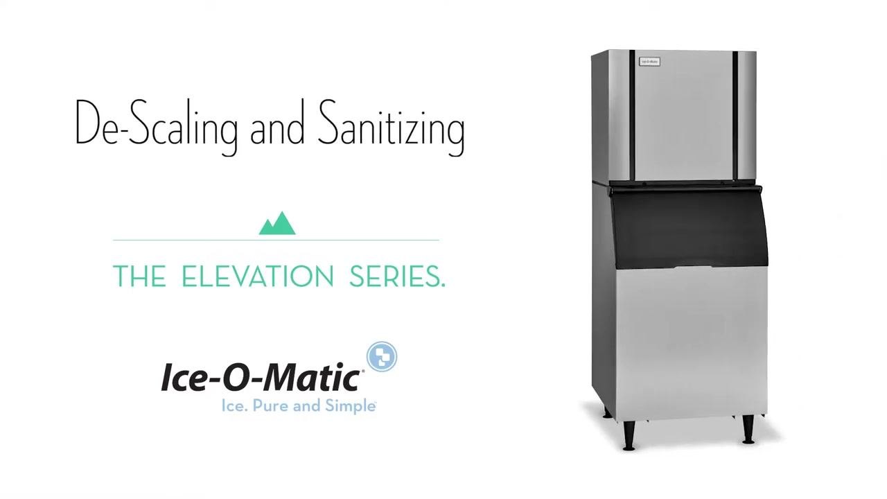 Title screen showing "De-Scaling and Sanitizing," "THE ELEVATION SERIES," and an image of the Ice-O-Matic Elevation Series ice machine.