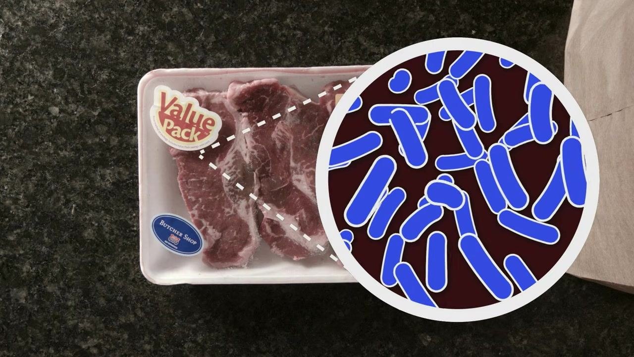 Packaged raw steaks labeled "Value Pack" and "Butcher Shop" on a countertop, shown with a magnified bacteria illustration highlighting bacterial presence