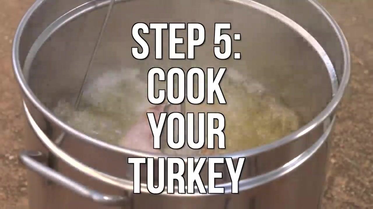 A person in a chef coat and long black oven mitts slowly lowers a raw turkey into a large outdoor fryer pot filled with hot oil, with a propane tank visible nearby.