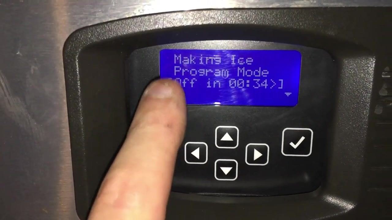 Display showing "Making Ice, Program Mode, Off in 00:34" with finger pointing at the screen