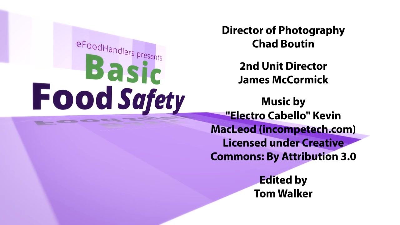 Screen with credits for the "Basic Food Safety" video series, listing production staff and licensing information.