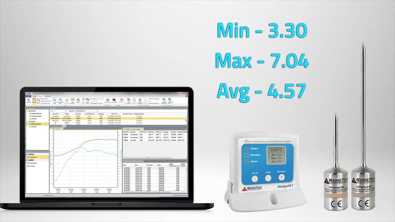 A screen showing MadgeTech contact information with a prompt to explore the full line of data loggers, including a highlighted shock-monitoring option