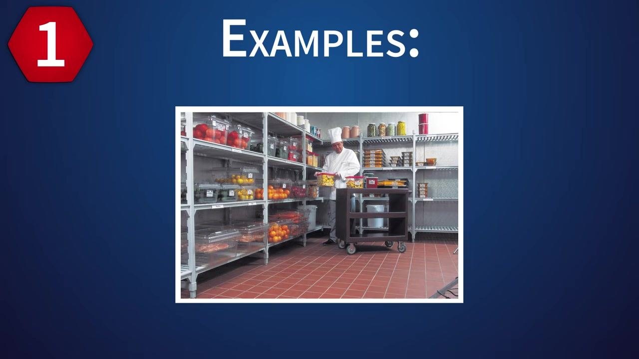A worker in a storage room with organized shelving of food containers, illustrating a storage environment as a potential critical control point