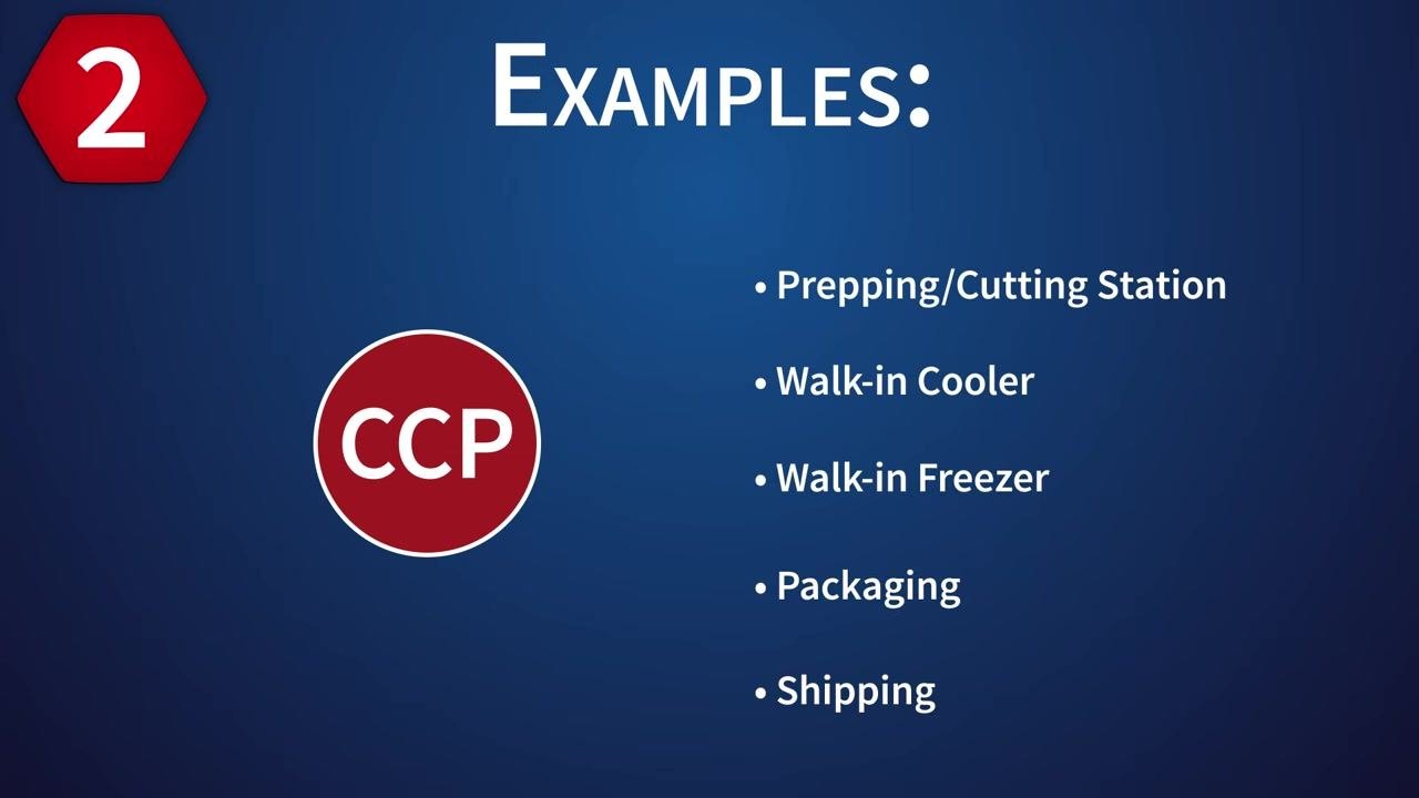 A slide listing example critical control points: Prepping/Cutting Station, Walk-in Cooler, Walk-in Freezer, Packaging, and Shipping